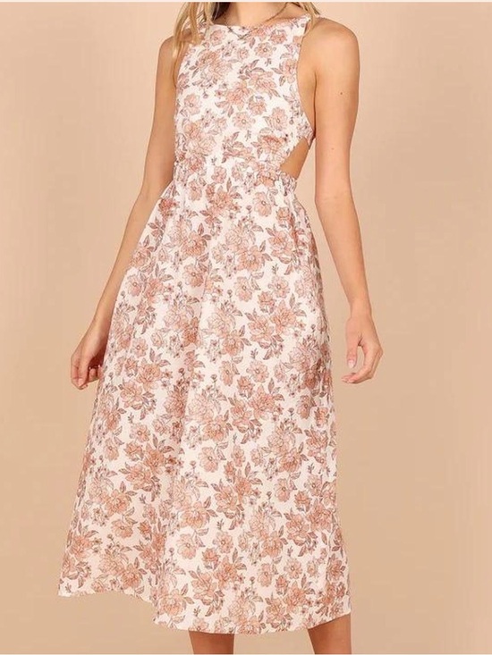 Petal & Pup Dresses & Skirts - Petal & Pup Tan Floral Printed Aubrey Cutout Open Back Midi Dress Size 2